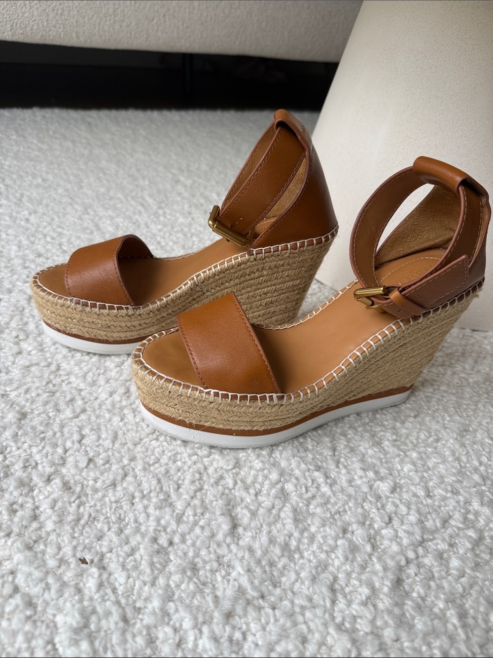 See By Chloé Cognac Leather Espadrille Wedge Sandals